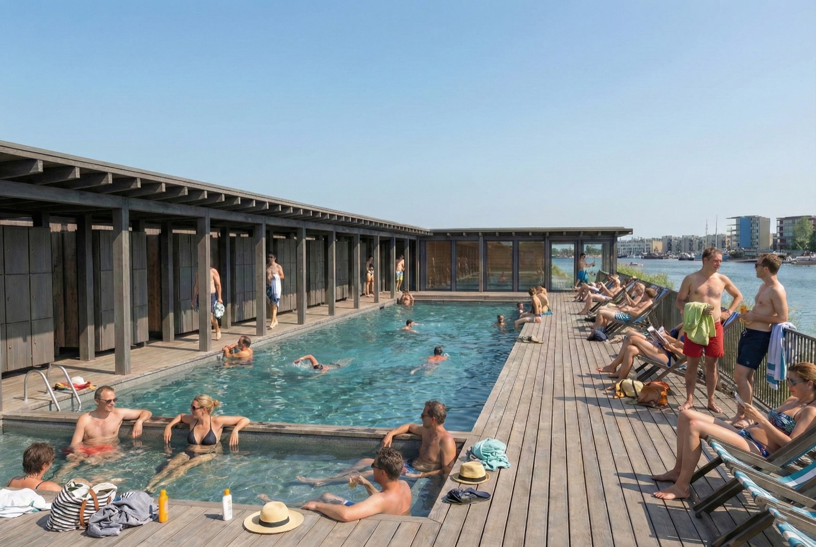 The bathing deck and pool between the changing huts and the harbour, rendered view