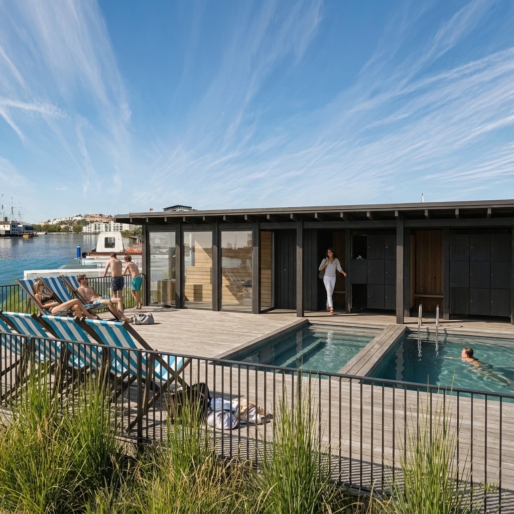 The hot tub and pool terrace by the water, rendered view