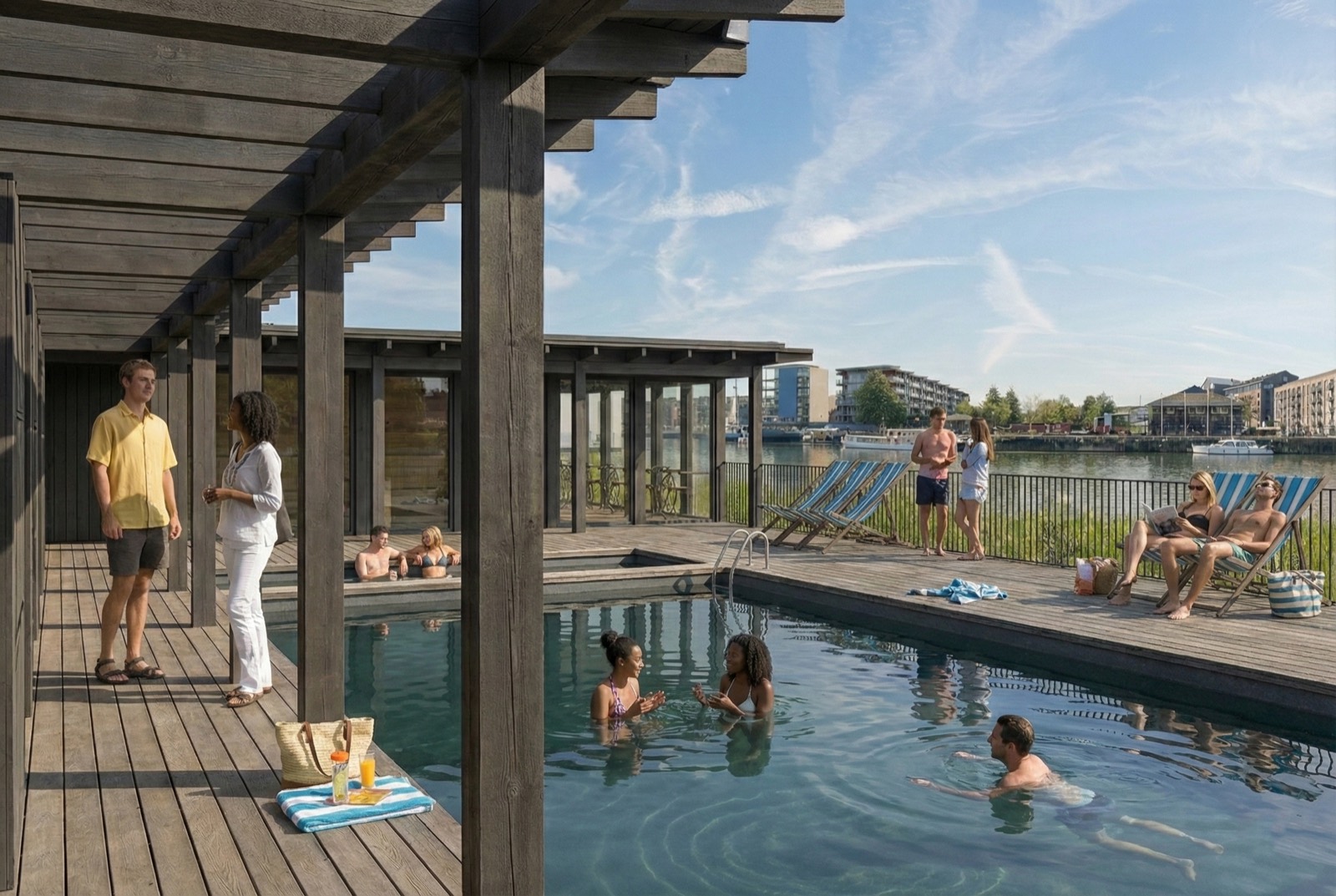 The changing rooms and sauna from across the water, rendered view