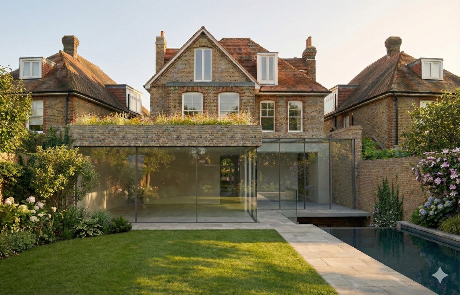 The living roofed extension and the glass edged pool from the garden, rendered view