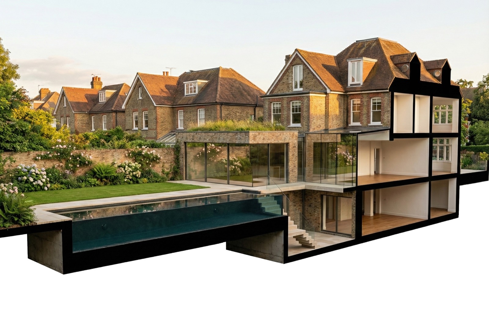 The house in section with the new basement level, rendered view