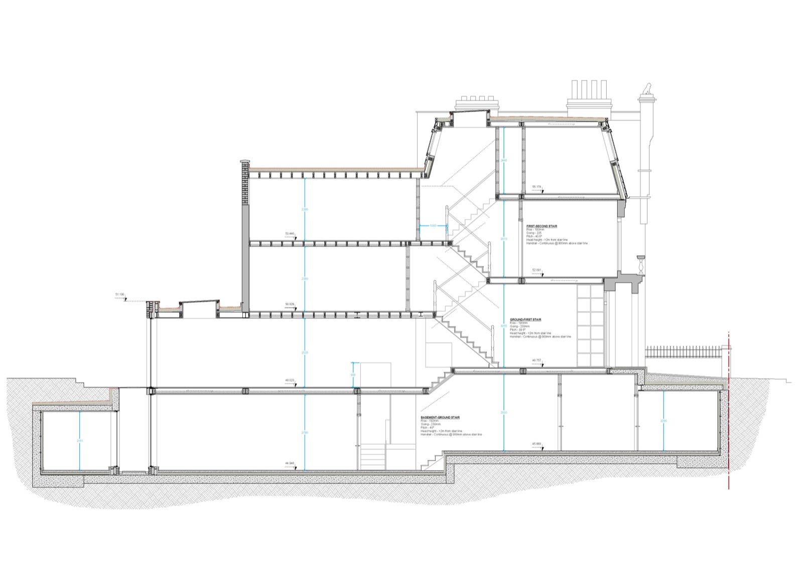 The section through the house, from the basement to the roof