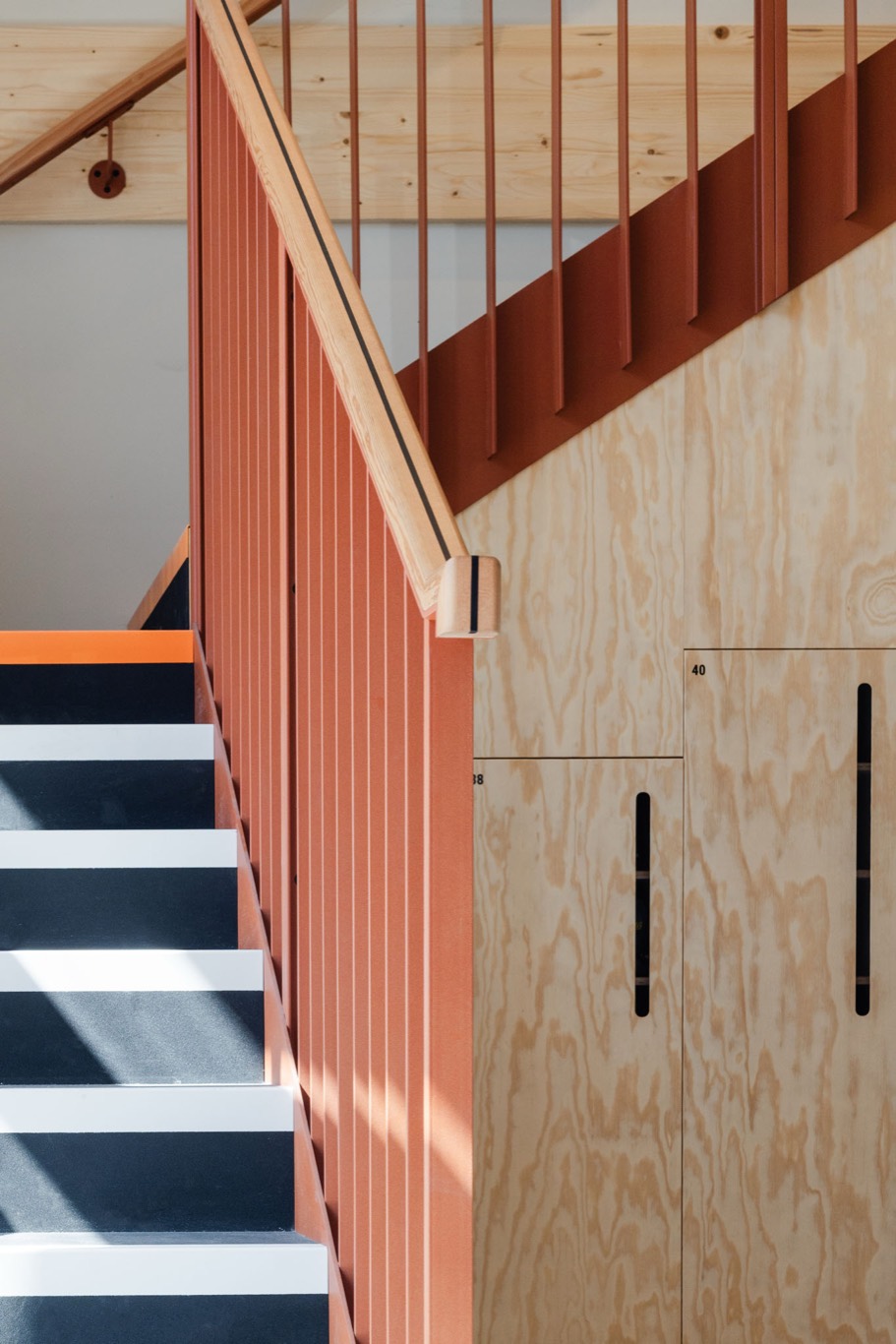 Balustrade, plywood and tile at the stair