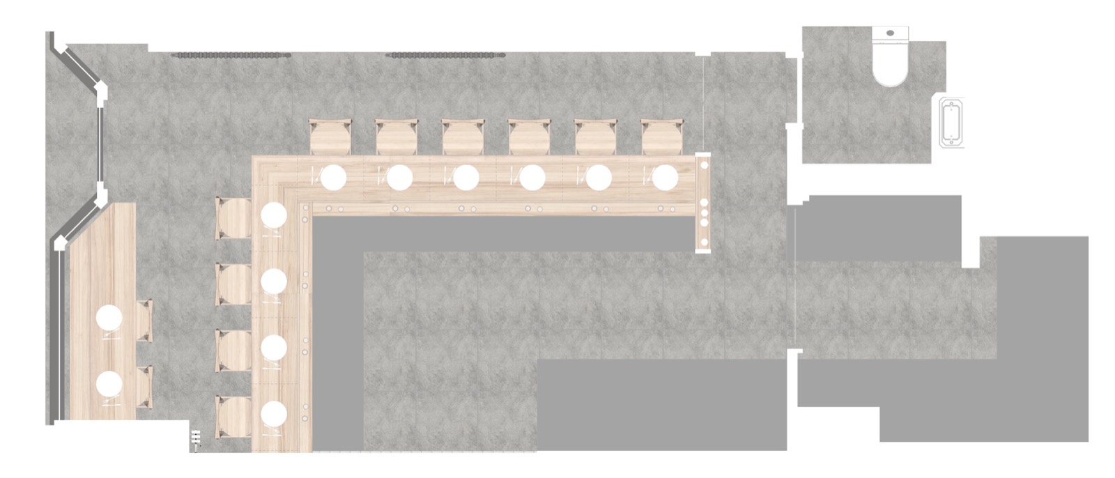 The plan, with the L-shaped counter around the kitchen