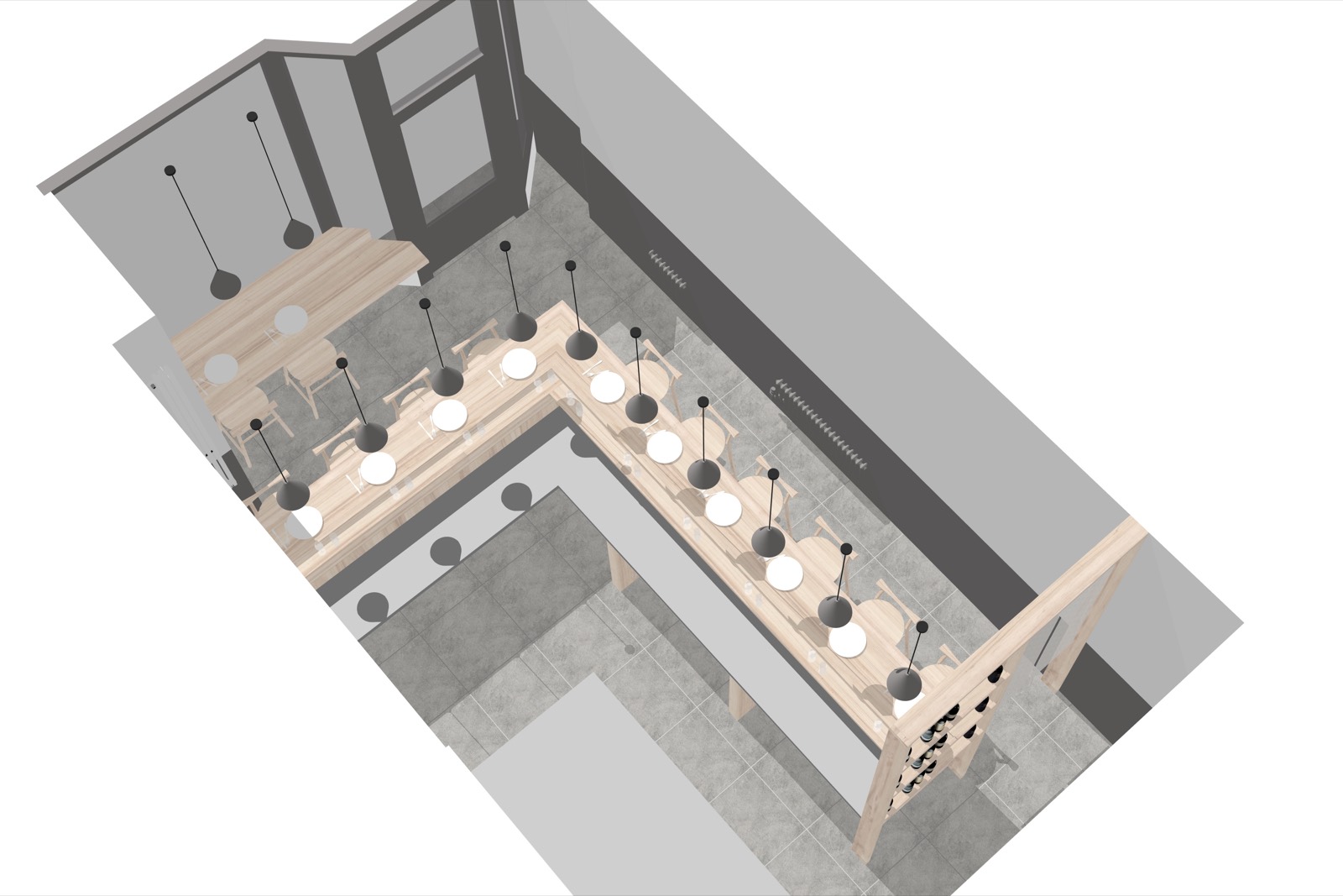 The counter and its pendant lights from above, axonometric view